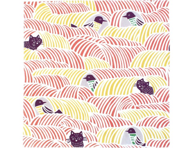 Furoshiki 45 cm - Oiseaux et chats Rose