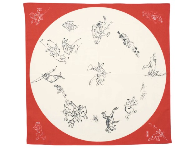 Furoshiki 68 cm - Choju jinbutsu giga - Fenêtre ronde avec lapins et grenouilles